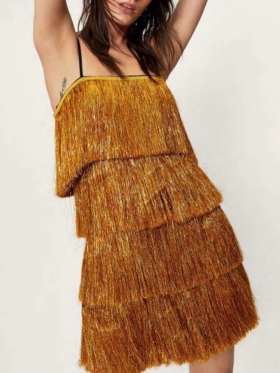 Nasty Gal Dresses & Skirts - Nasty Gal Metallic Gold Tiered Fringe Tinsel Mini Dress Flapper Disco